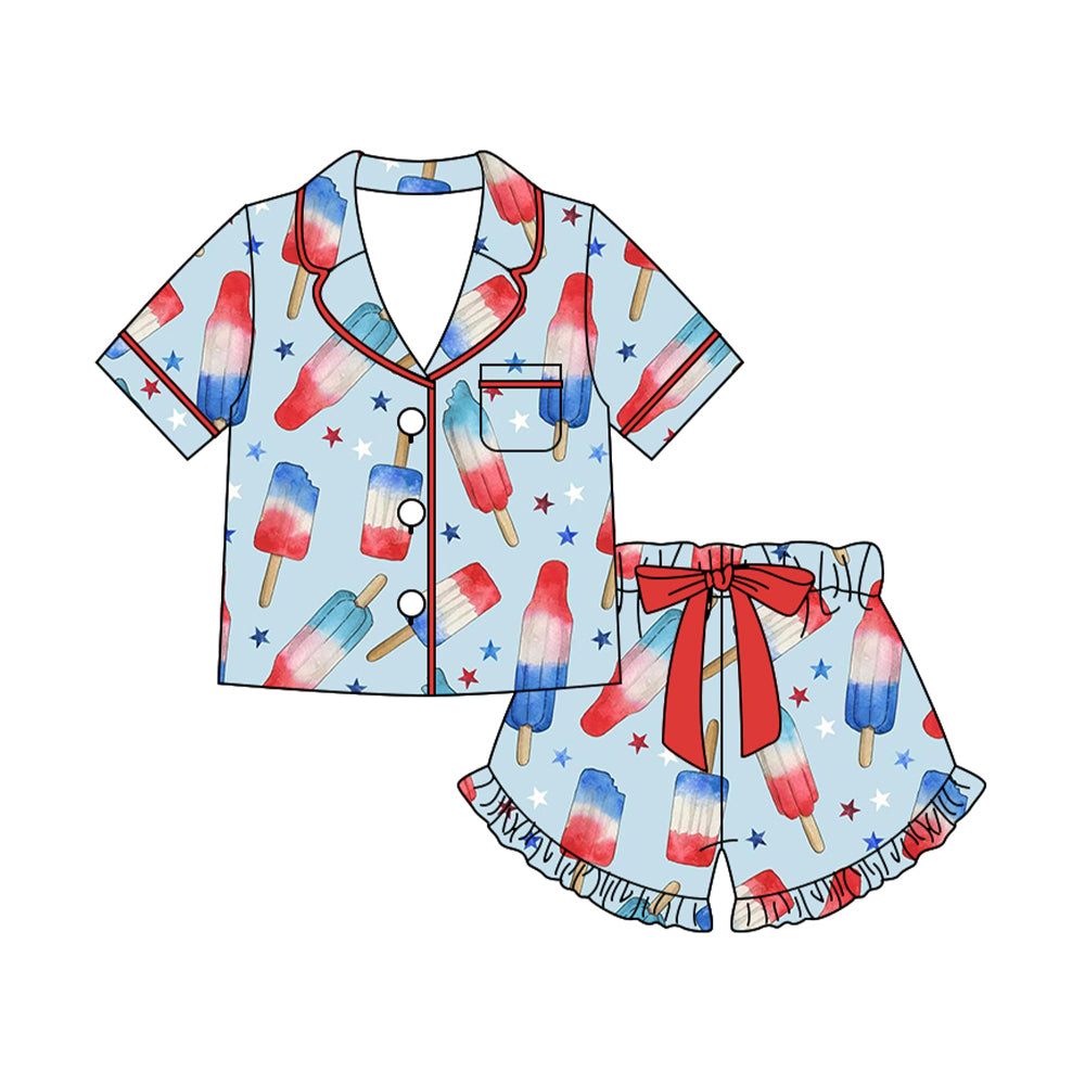 Baby Girls Stars Popsicle Button Pocket Top Ruffle Shorts 4th of July Clothes Sets Preorder