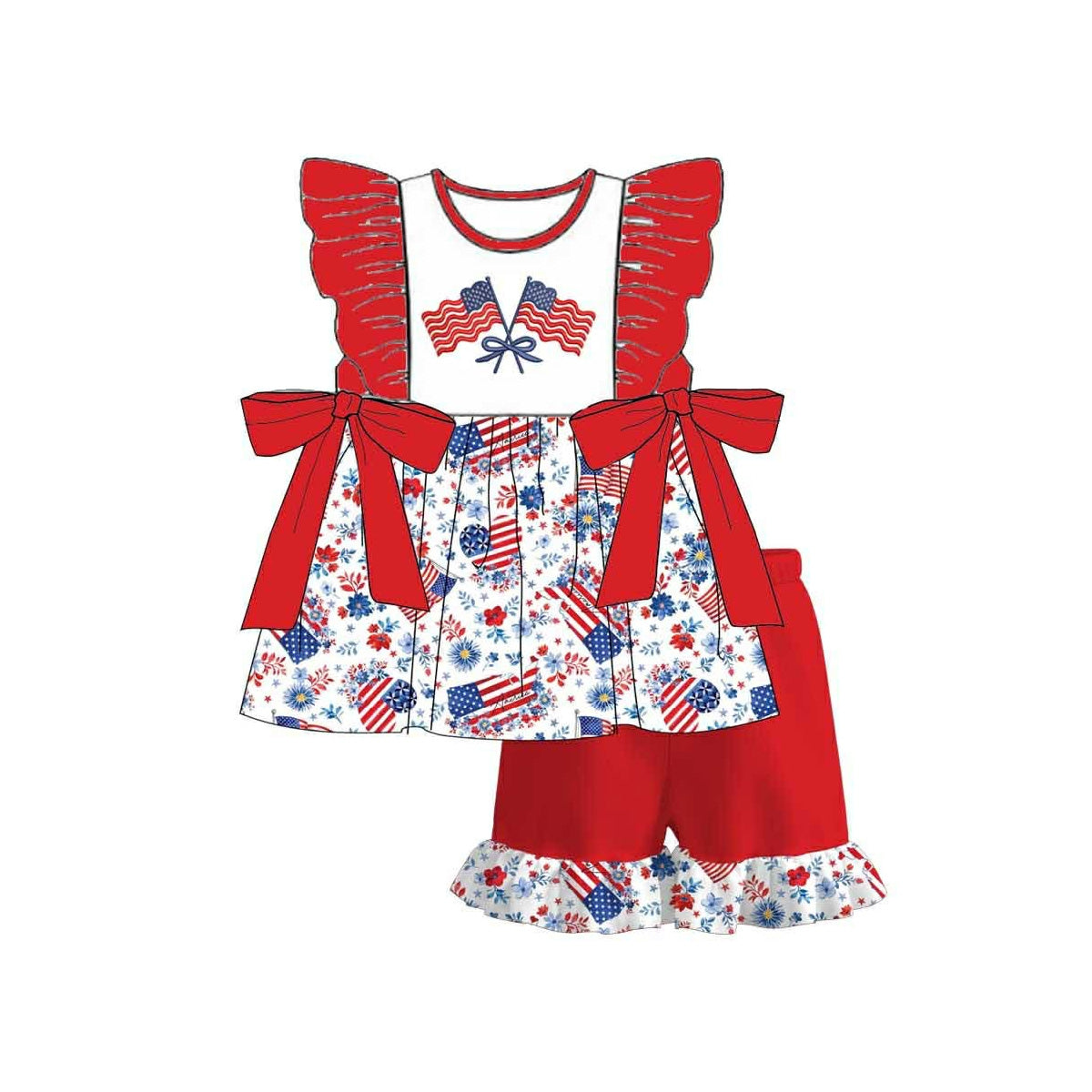 Baby Girls Bows Flags Tunic Ruffle Shorts 4th of July Clothes Sets Preorder