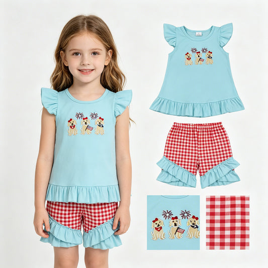 Embroidery Flag Dogs Baby Girls Tunic Checked Ruffle Shorts 4th of July Clothes Sets