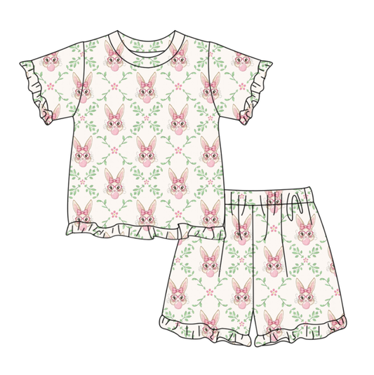 Baby Girls Flower Rabbits Checked Top Ruffle Shorts Easter Pajamas Sets Preorder
