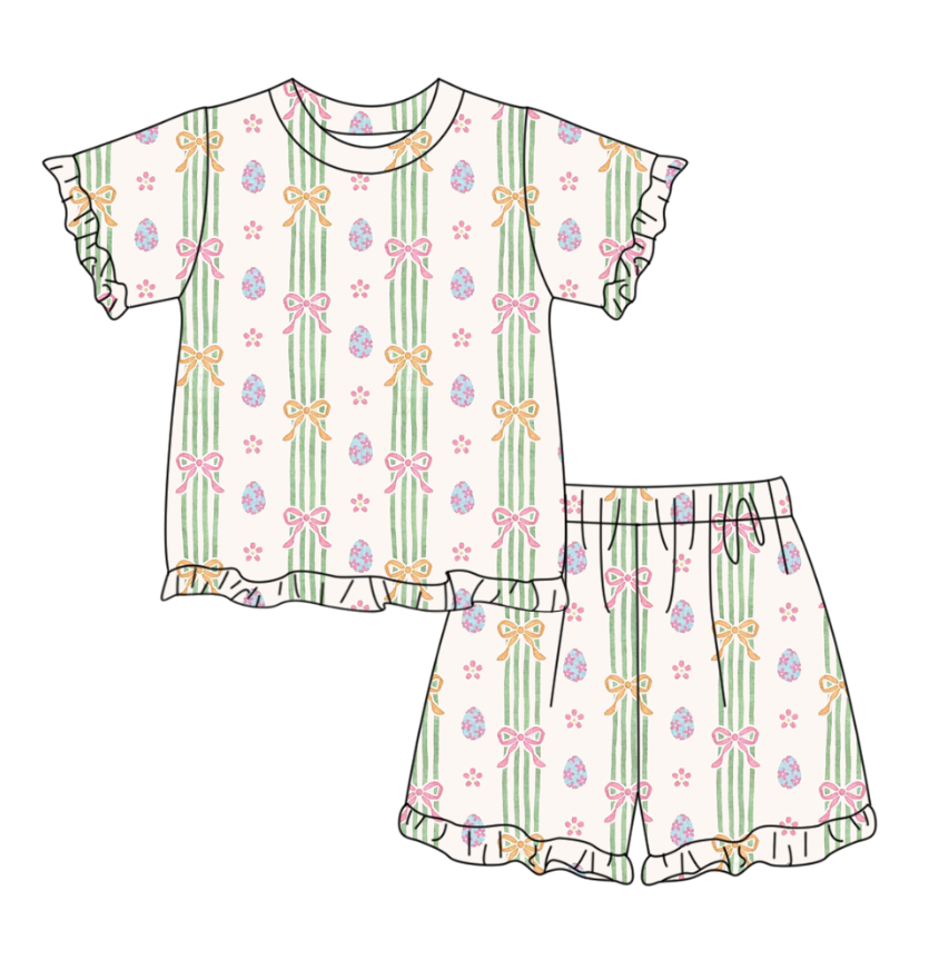 Baby Girls Bows Eggs Stripe Top Ruffle Shorts Easter Pajamas Sets Preorder