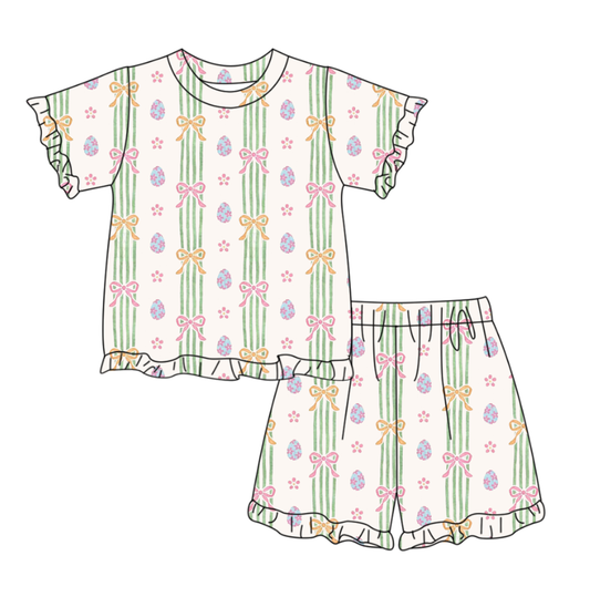 Baby Girls Bows Eggs Stripe Top Ruffle Shorts Easter Pajamas Sets Preorder