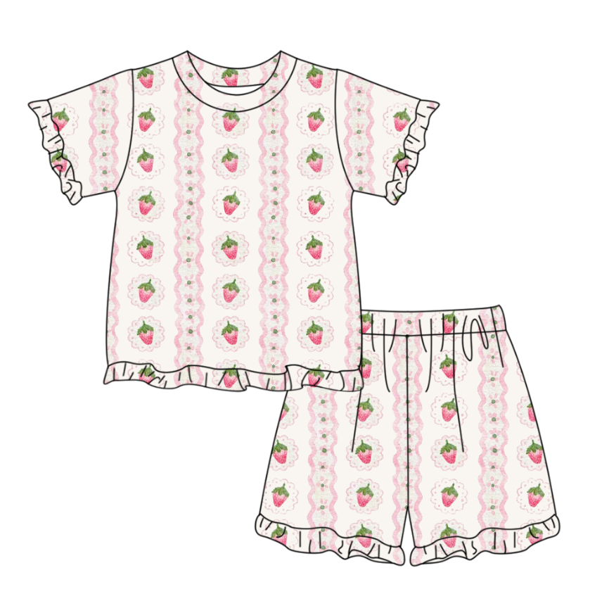 Baby Girls Flowers Strawberry Stripe Top Ruffle Shorts Pajamas Sets Preorder