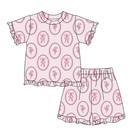 Baby Girls Pink Bows Shoes Top Ruffle Shorts Pajamas Sets Preorder