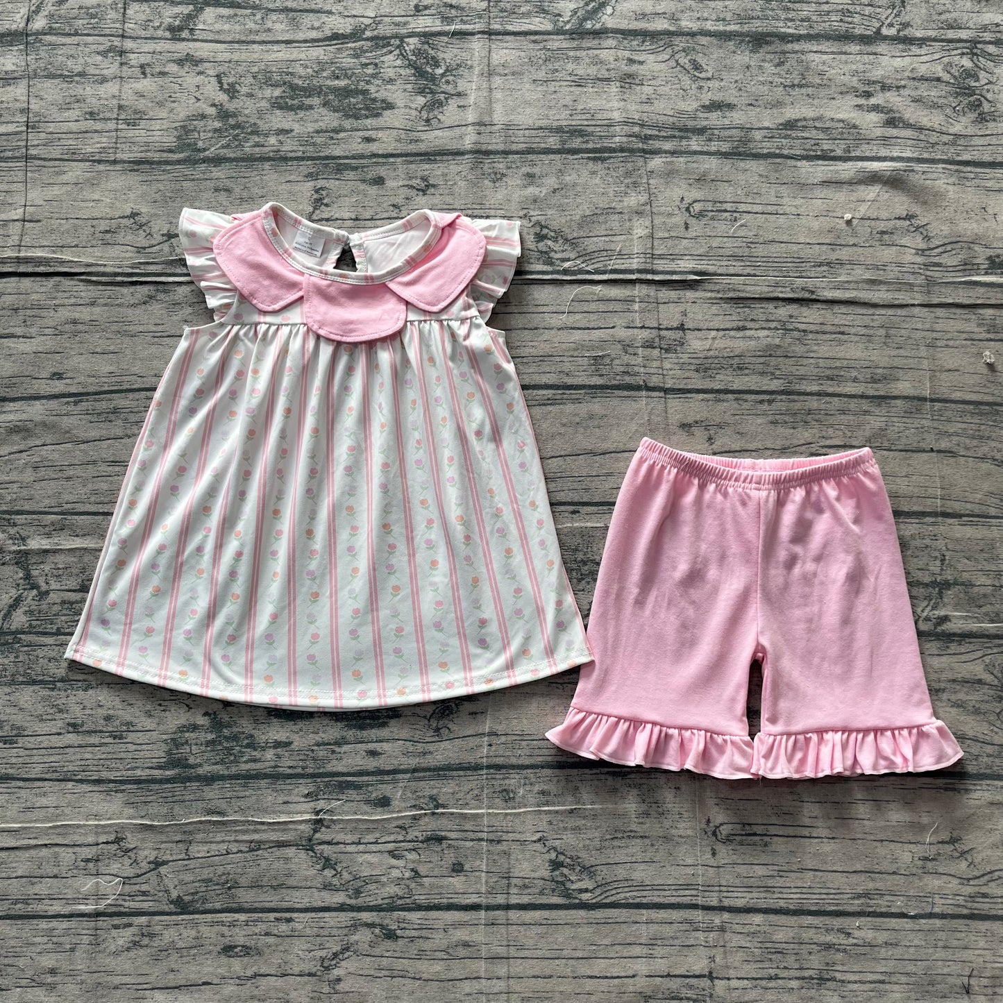Baby Girls Pink Flowers Stripe Collar Tunic Ruffle Shorts Clothes Sets