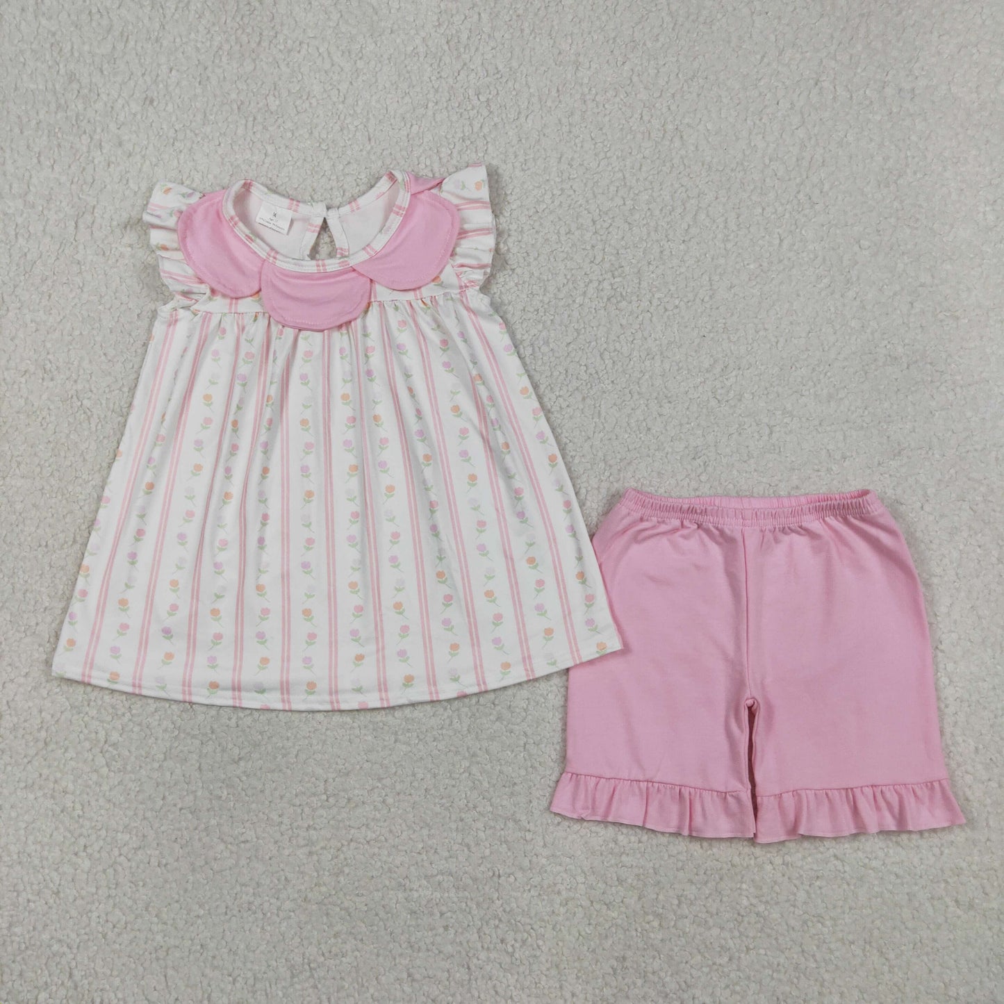 Baby Girls Pink Flowers Stripe Collar Tunic Ruffle Shorts Clothes Sets