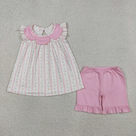 Baby Girls Pink Flowers Stripe Collar Tunic Ruffle Shorts Clothes Sets