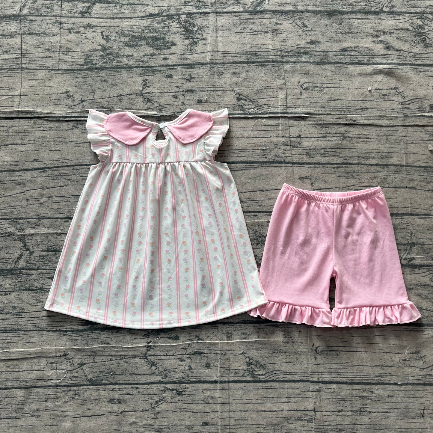 Baby Girls Pink Flowers Stripe Collar Tunic Ruffle Shorts Clothes Sets
