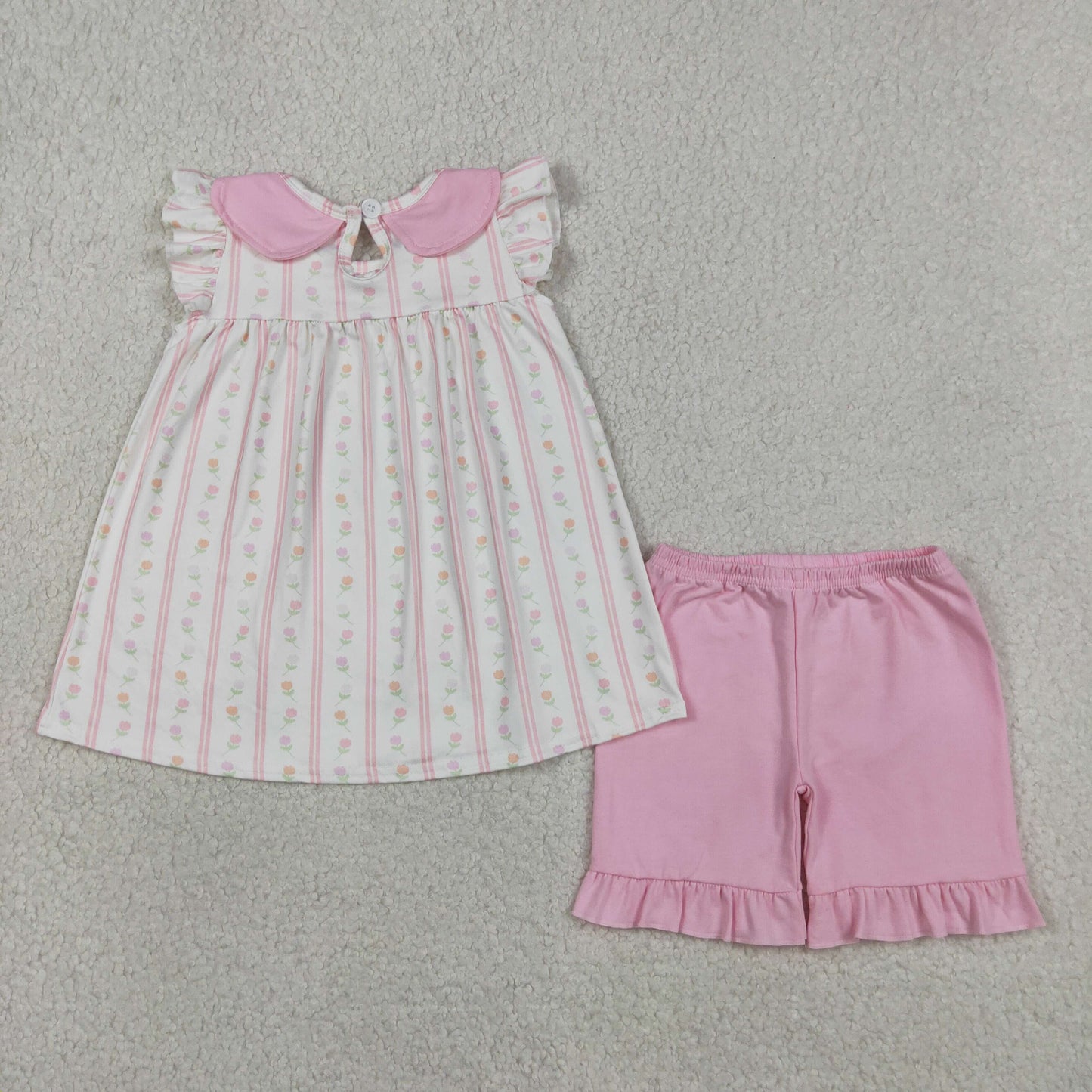 Baby Girls Pink Flowers Stripe Collar Tunic Ruffle Shorts Clothes Sets