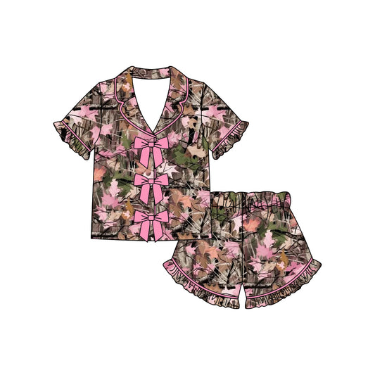 Baby Girls Southern Leaves Camo Button Top Ruffle Shorts Hunting Pajamas Sets Preorder