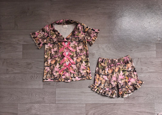 Baby Girls Southern Leaves Camo Button Top Ruffle Shorts Hunting Pajamas Sets Preorder
