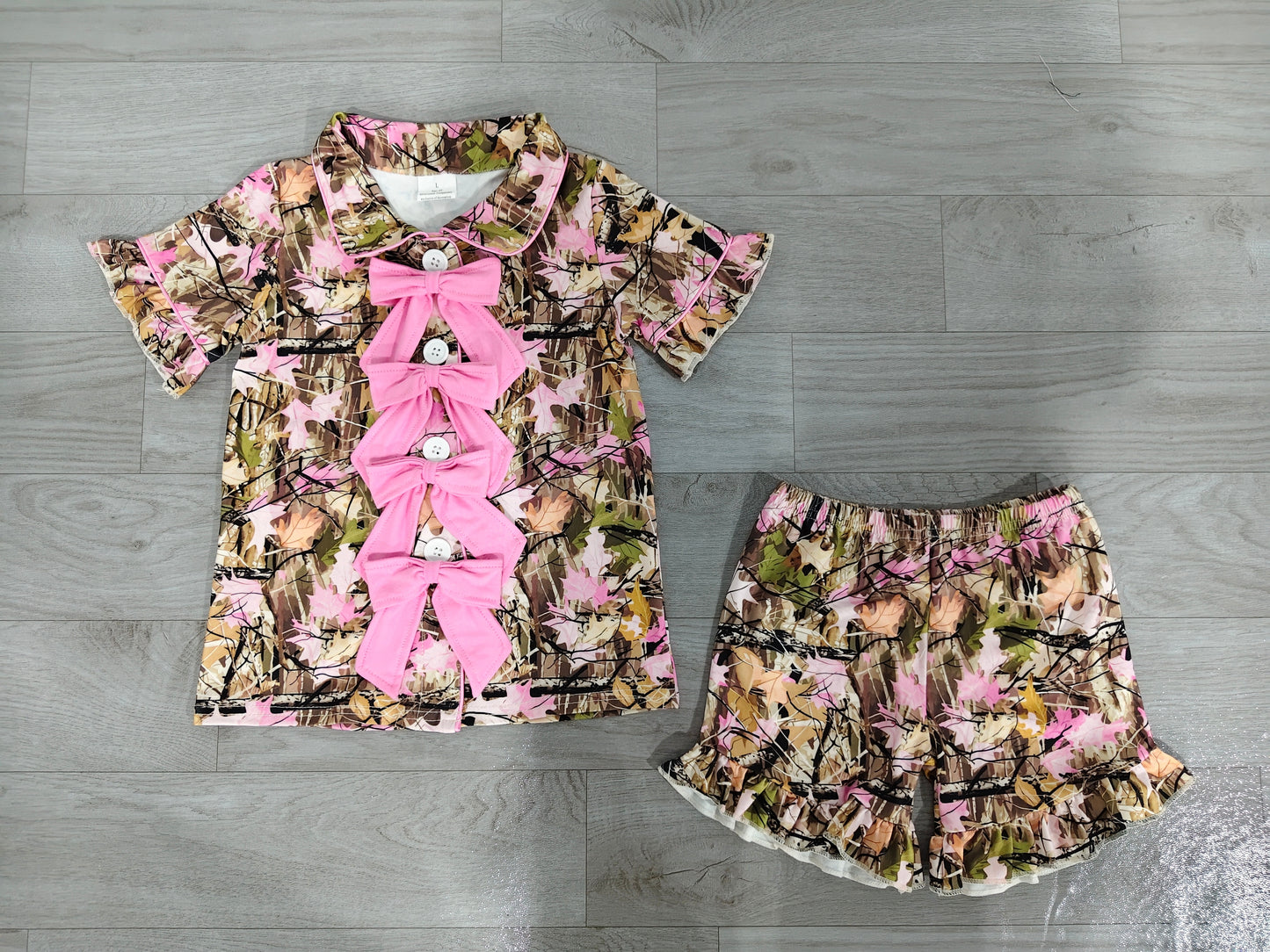 Baby Girls Southern Leaves Camo Button Top Ruffle Shorts Hunting Pajamas Sets Preorder
