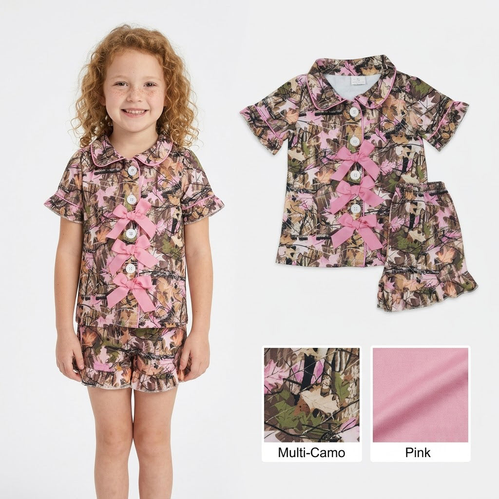 Baby Girls Southern Leaves Camo Button Top Ruffle Shorts Hunting Pajamas Sets