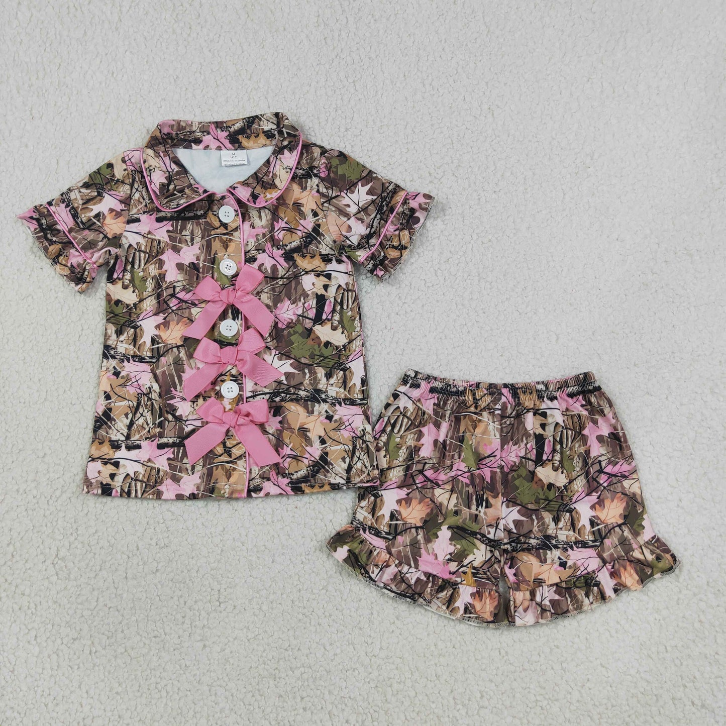 Sibling Baby Girls Short Sleeve Leaves Camo Bows Button Top Ruffle Short Pajamas Sets