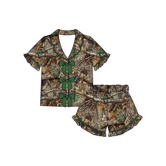 Baby Girls Southern Leaves Camo Button Top Ruffle Shorts Hunting Pajamas Sets Preorder
