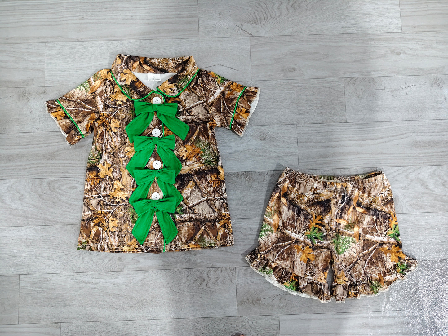Baby Girls Southern Leaves Camo Button Top Ruffle Shorts Hunting Pajamas Sets Preorder