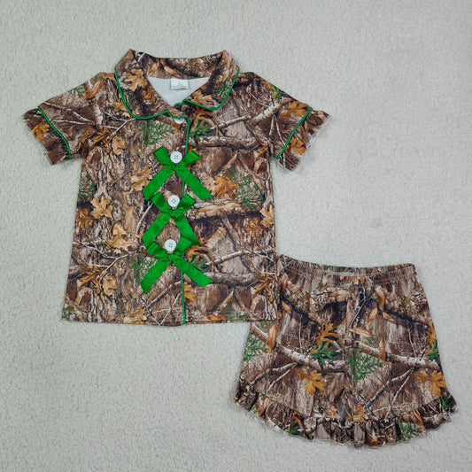 Sibling Baby Girls Short Sleeve Leaves Camo Bows Button Top Ruffle Short Pajamas Sets