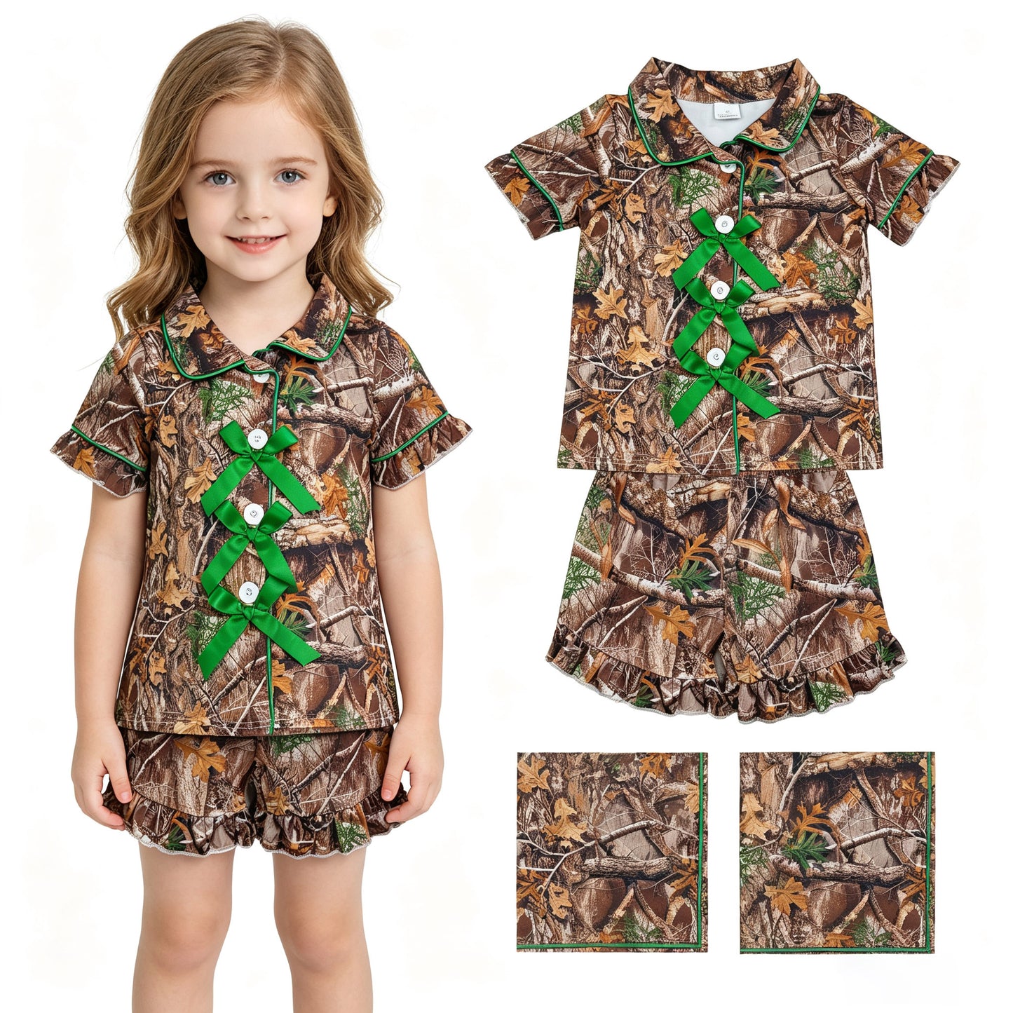 Baby Girls Southern Leaves Camo Button Top Ruffle Shorts Hunting Pajamas Sets