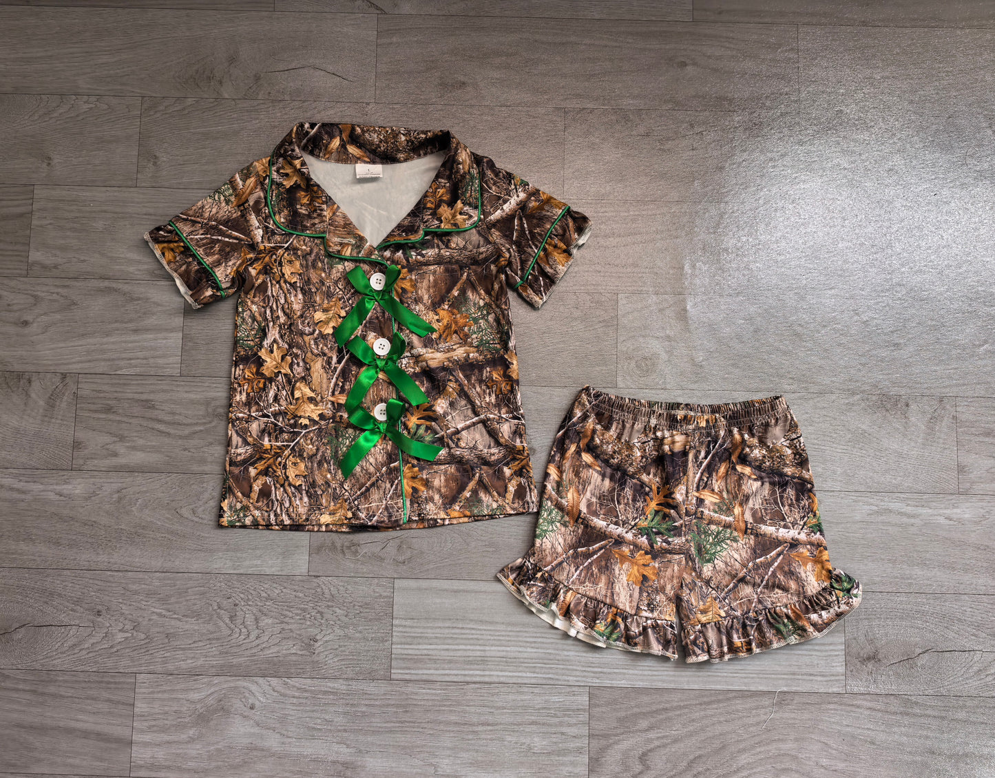 Baby Girls Southern Leaves Camo Button Top Ruffle Shorts Hunting Pajamas Sets Preorder
