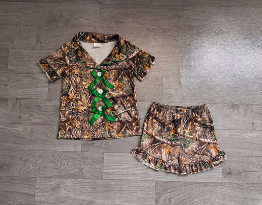 Baby Girls Southern Leaves Camo Button Top Ruffle Shorts Hunting Pajamas Sets Preorder