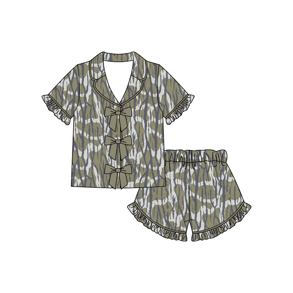 Baby Girls Southern Olive Camo Button Top Ruffle Shorts Hunting Pajamas Sets Preorder