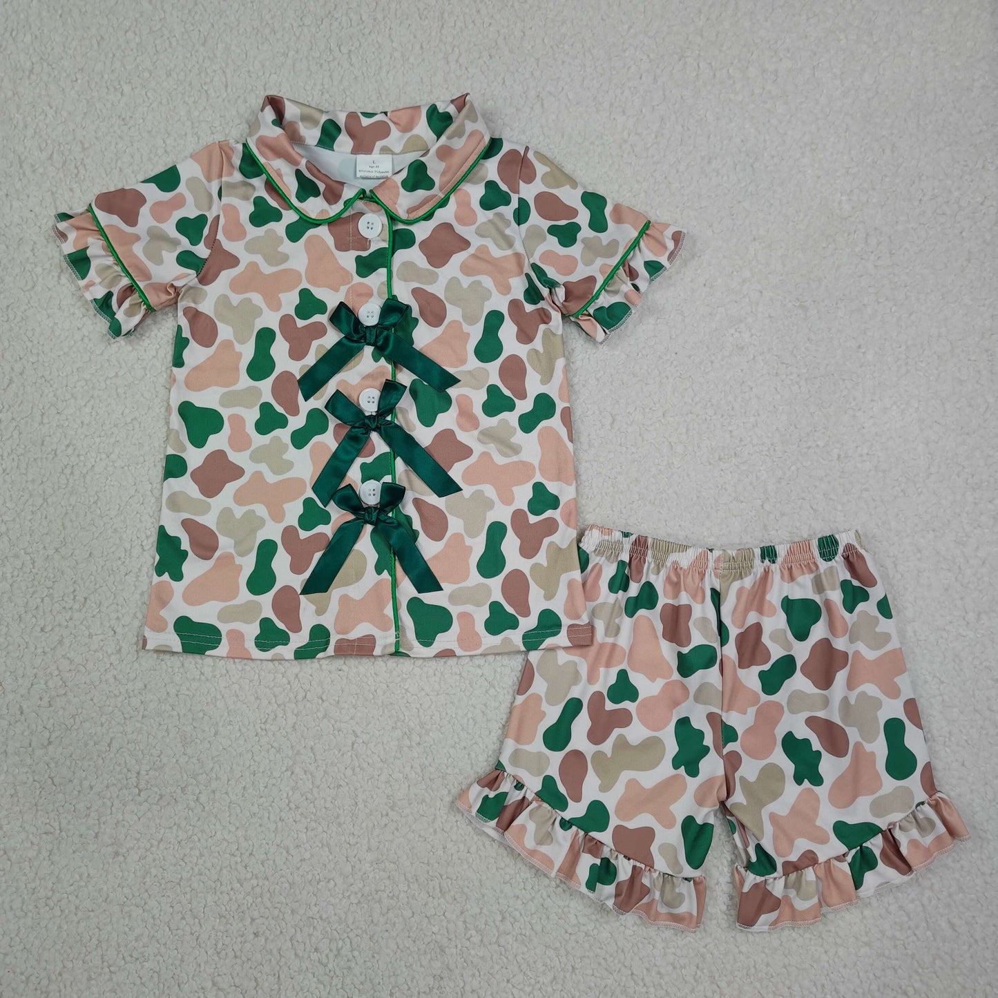 Sibling Baby Girls Short Sleeve Leaves Camo Bows Button Top Ruffle Short Pajamas Sets
