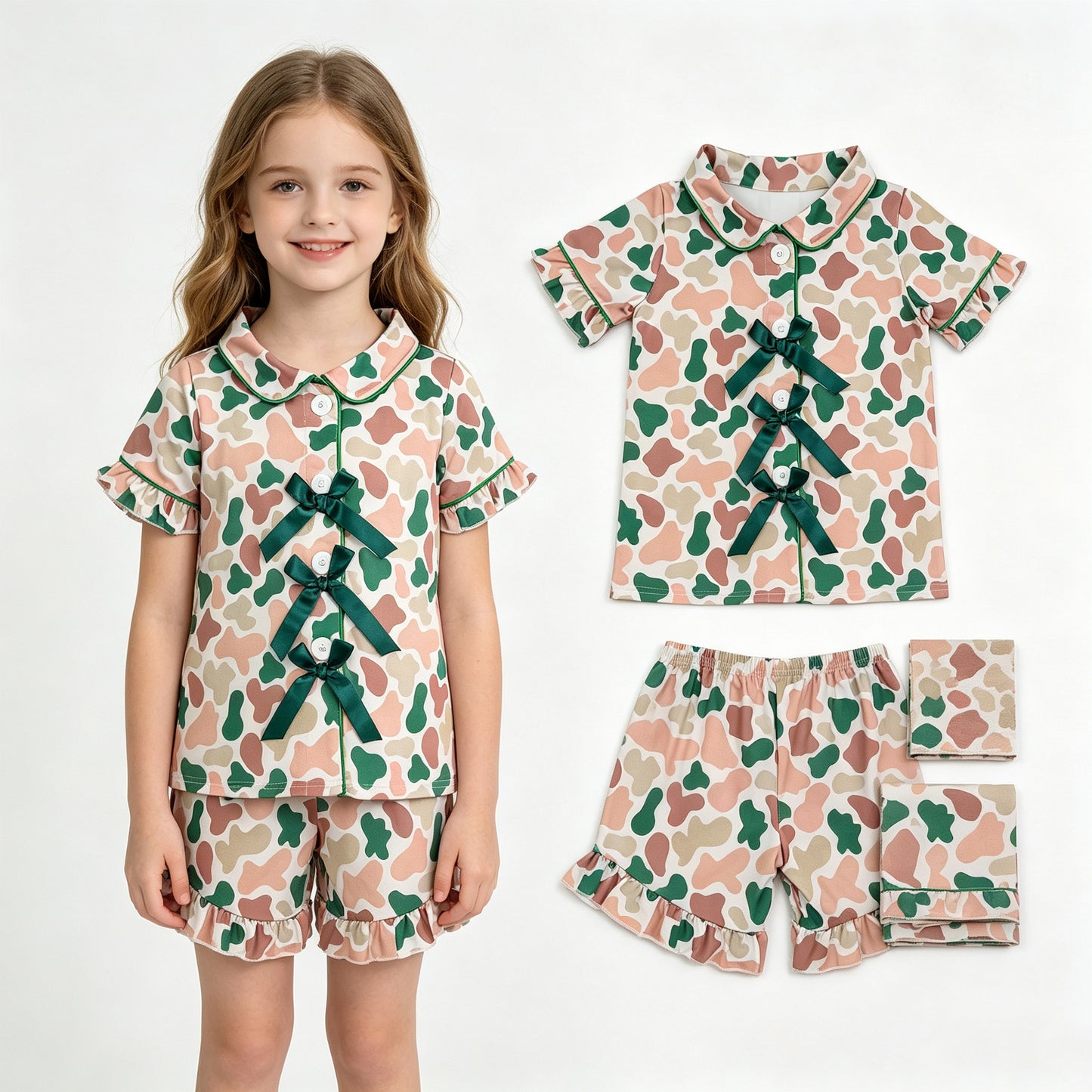Baby Girls Khaki Green Camo Bows Button Top Ruffle Shorts Pajamas Sets