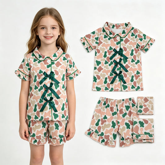 Baby Girls Khaki Green Camo Bows Button Top Ruffle Shorts Pajamas Sets