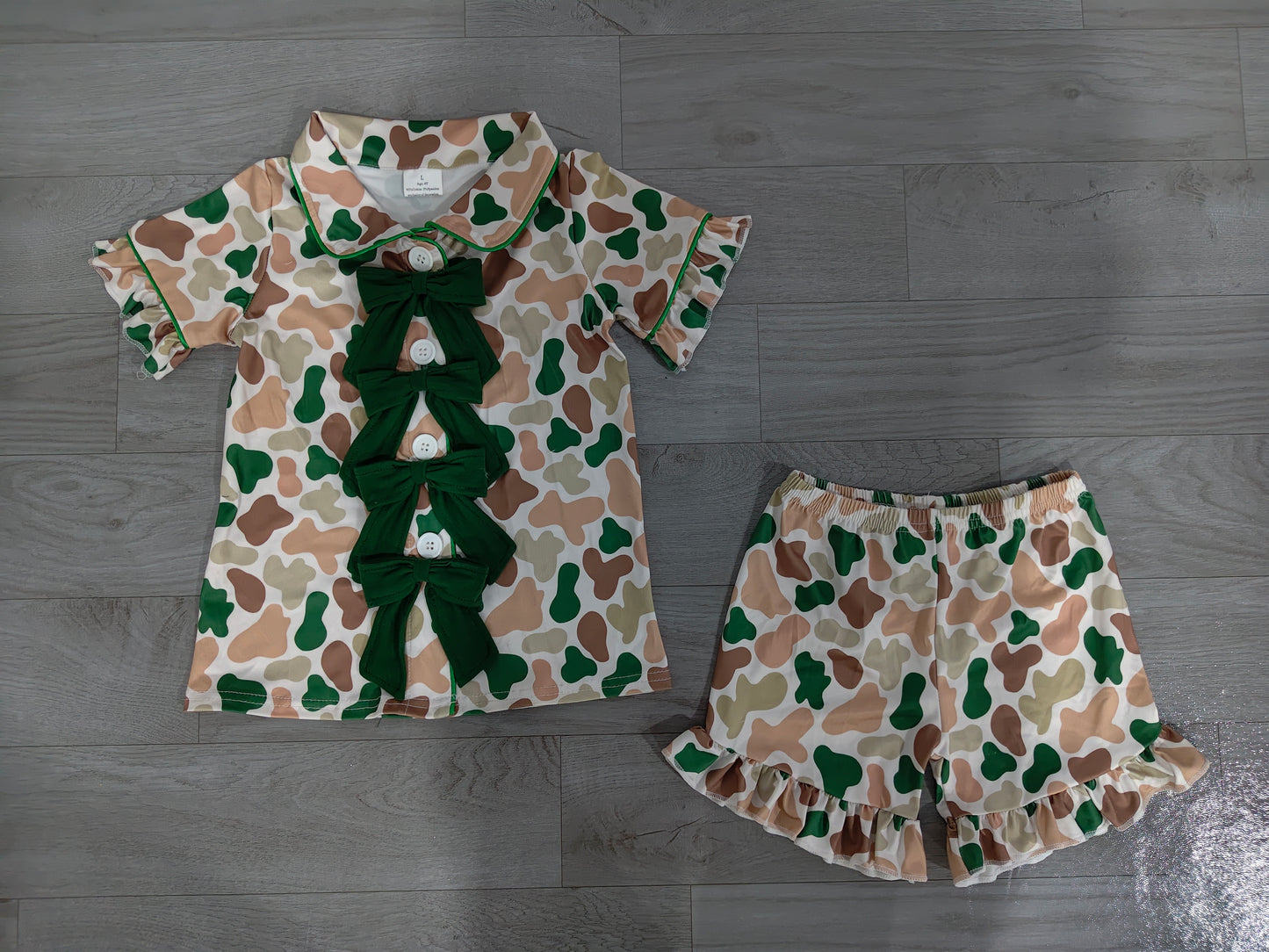 Baby Girls Southern Green Camo Button Top Ruffle Shorts Hunting Pajamas Sets Preorder