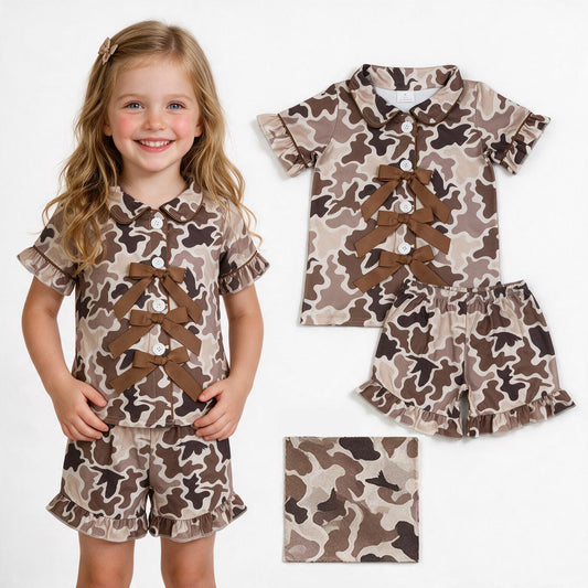 Baby Girls Southern Khaki Ducks Camo Bows Button Top Ruffle Shorts Hunting Pajamas Sets