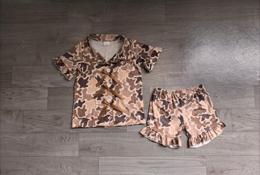 Baby Girls Southern Khaki Ducks Camo Button Top Ruffle Shorts Hunting Pajamas Sets Preorder