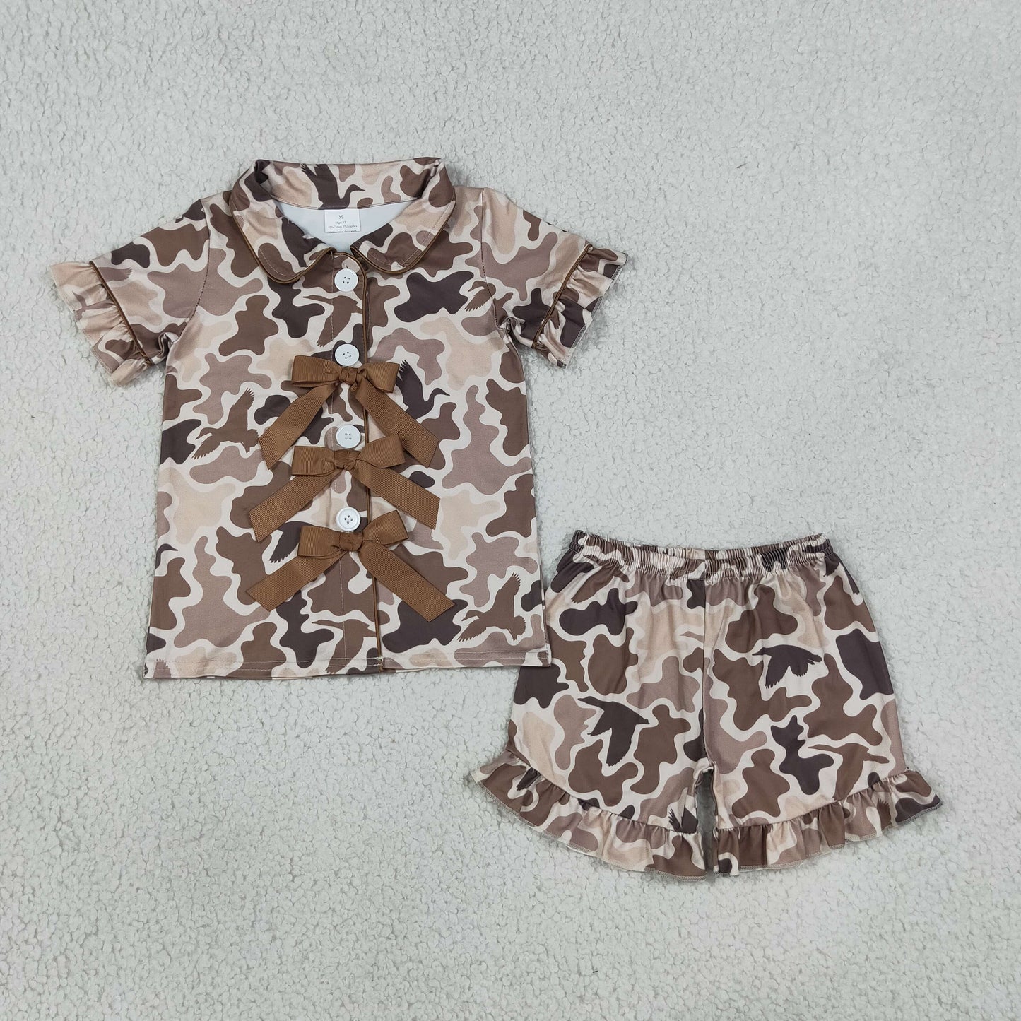 Baby Girls Southern Khaki Ducks Camo Bows Button Top Ruffle Shorts Hunting Pajamas Sets