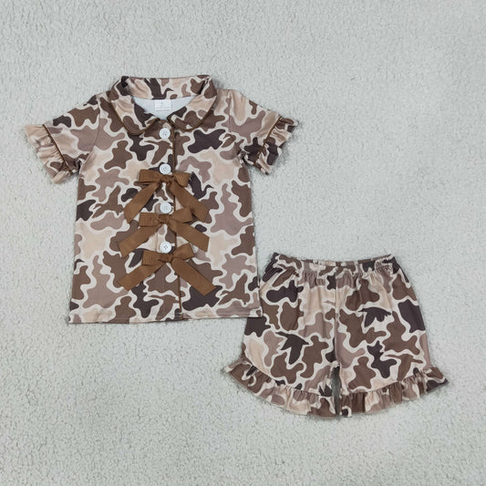Baby Girls Southern Khaki Ducks Camo Bows Button Top Ruffle Shorts Hunting Pajamas Sets