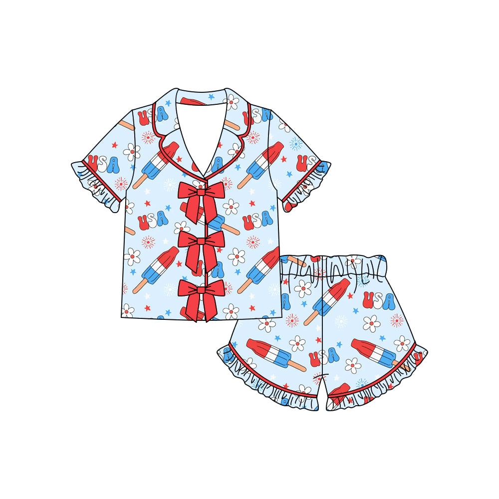 Baby Girls Flowers Popsicle Button Top Ruffle Shorts 4th of July Pajamas Sets Preorder