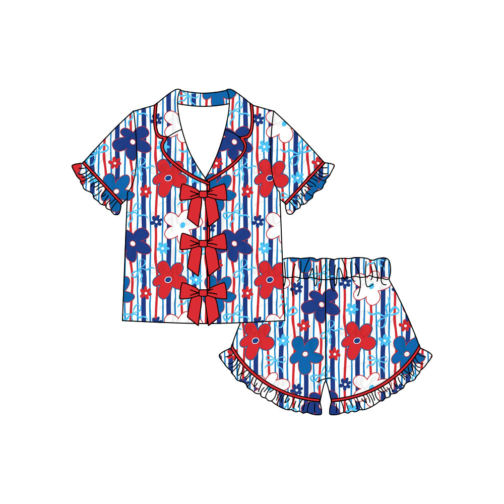 Baby Girls Flowers Stripe Button Top Ruffle Shorts 4th of July Pajamas Sets Preorder