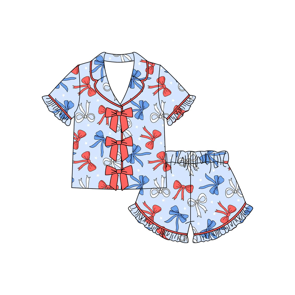 Baby Girls Bows Stars Button Top Ruffle Shorts 4th of July Pajamas Sets Preorder