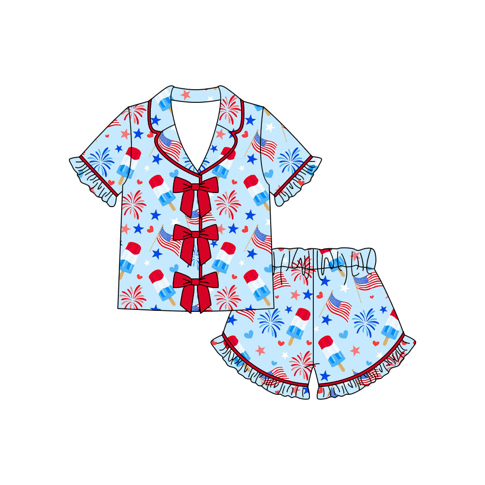 Baby Girls Popsicle Fireworks Button Top Ruffle Shorts 4th of July Pajamas Sets Preorder