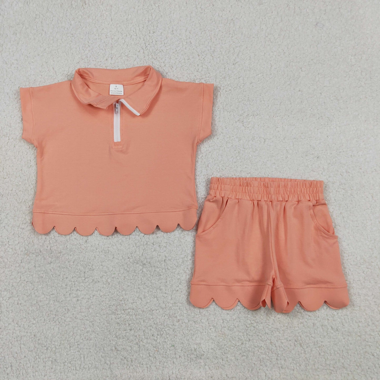 Baby Girls Peach Zip Pullover Top Pockets Short Scallop Clothes Set