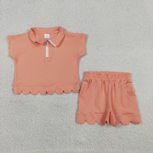 Sibling Baby Girls Short Sleeve Zip Pullovers Top Pockets Short Scallop Clothes Sets