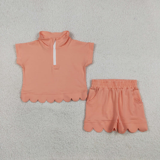 Baby Girls Peach Zip Pullover Top Pockets Short Scallop Clothes Set