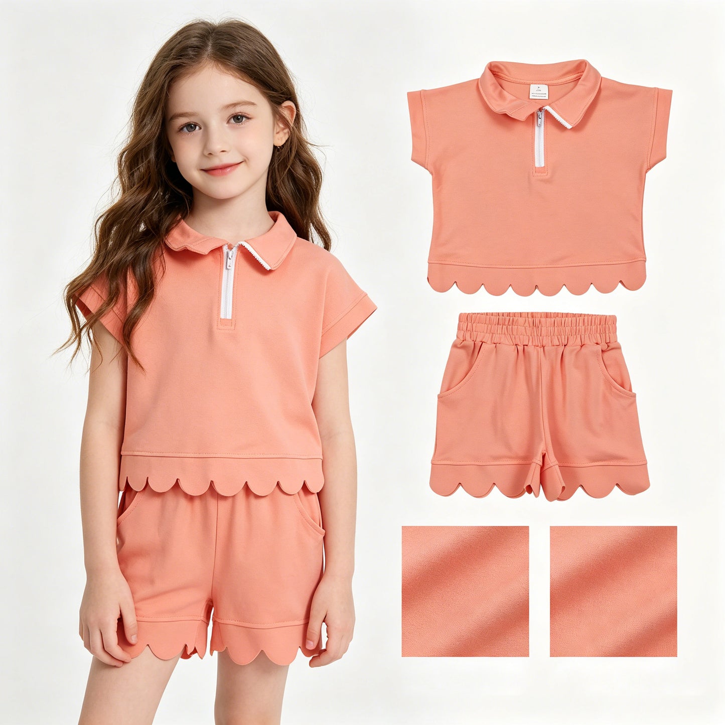Baby Girls Peach Zip Pullover Top Pockets Short Scallop Clothes Set