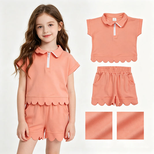 Baby Girls Peach Zip Pullover Top Pockets Short Scallop Clothes Set