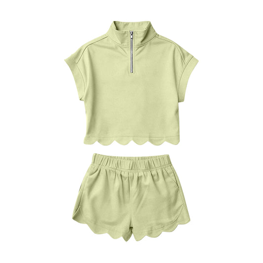 Baby Girls Green Zipper Scallop Pullover Top Pockets Short Checked Set Preorder