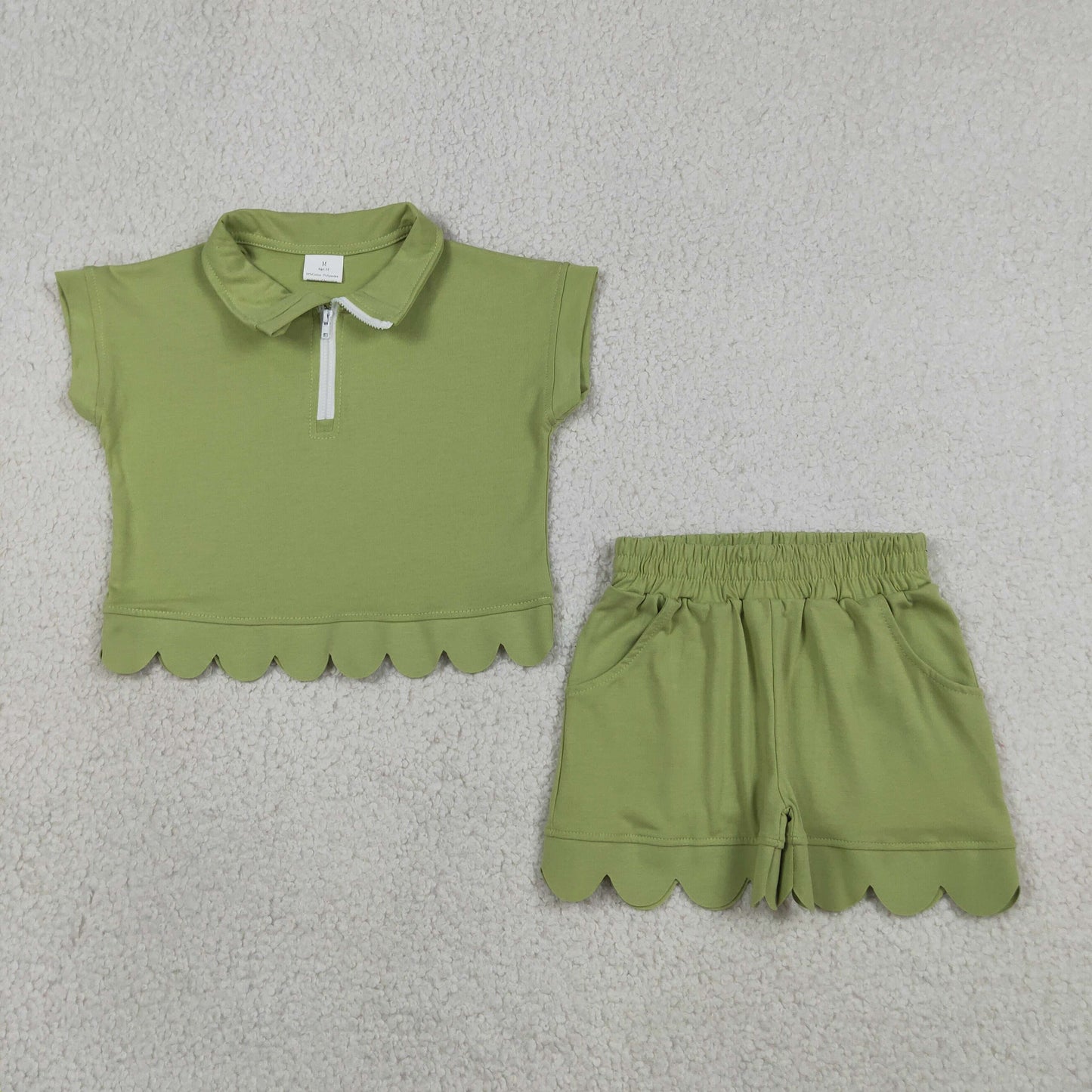 Baby Girls Green Zip Pullover Top Pockets Short Scallop Clothes Set