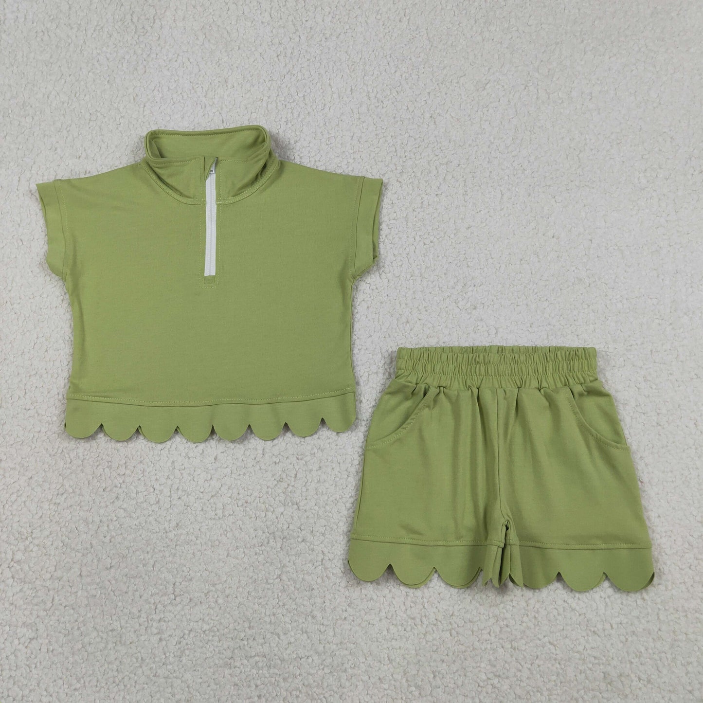 Sibling Baby Girls Short Sleeve Zip Pullovers Top Pockets Short Scallop Clothes Sets