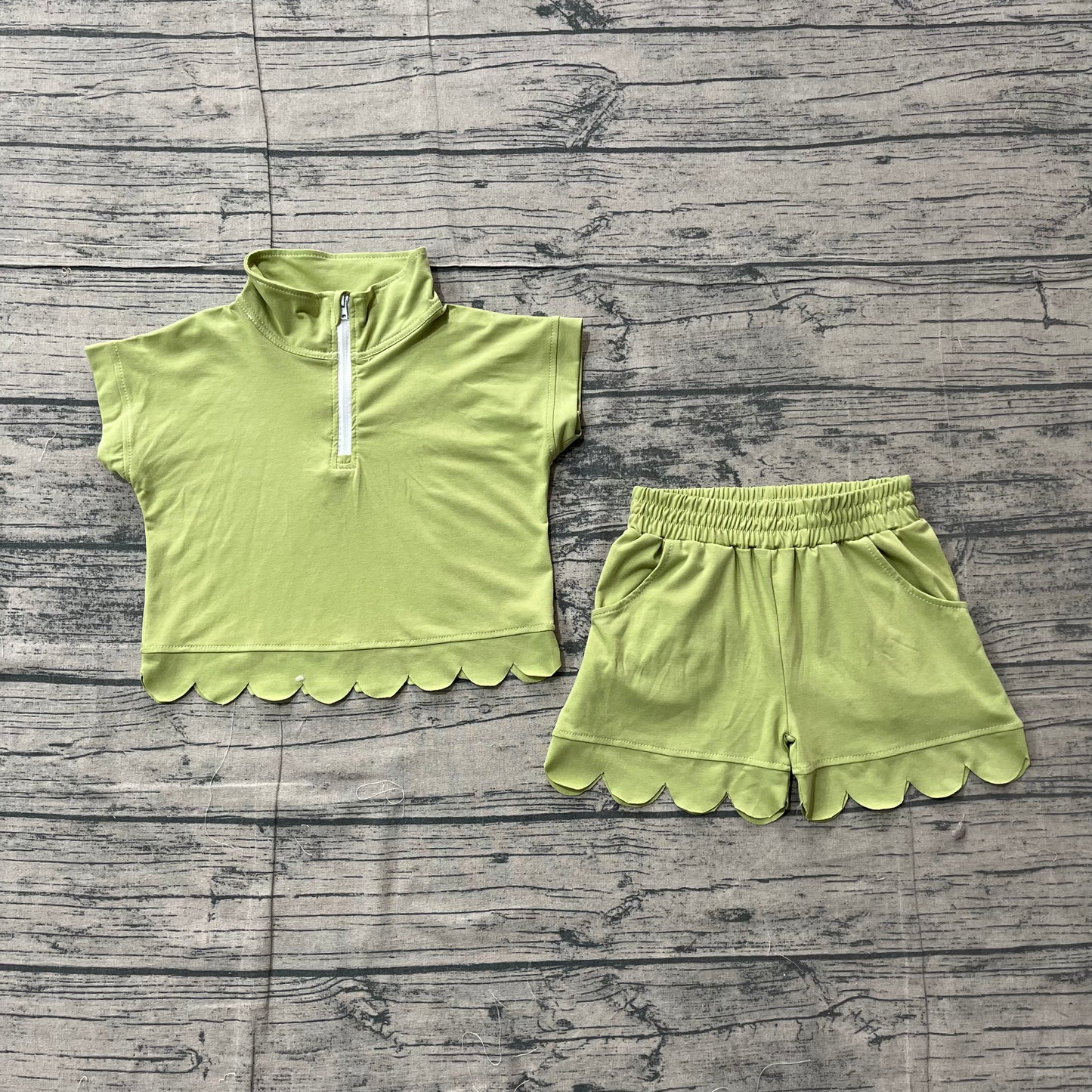 Baby Girls Green Zip Pullover Top Pockets Short Scallop Clothes Set