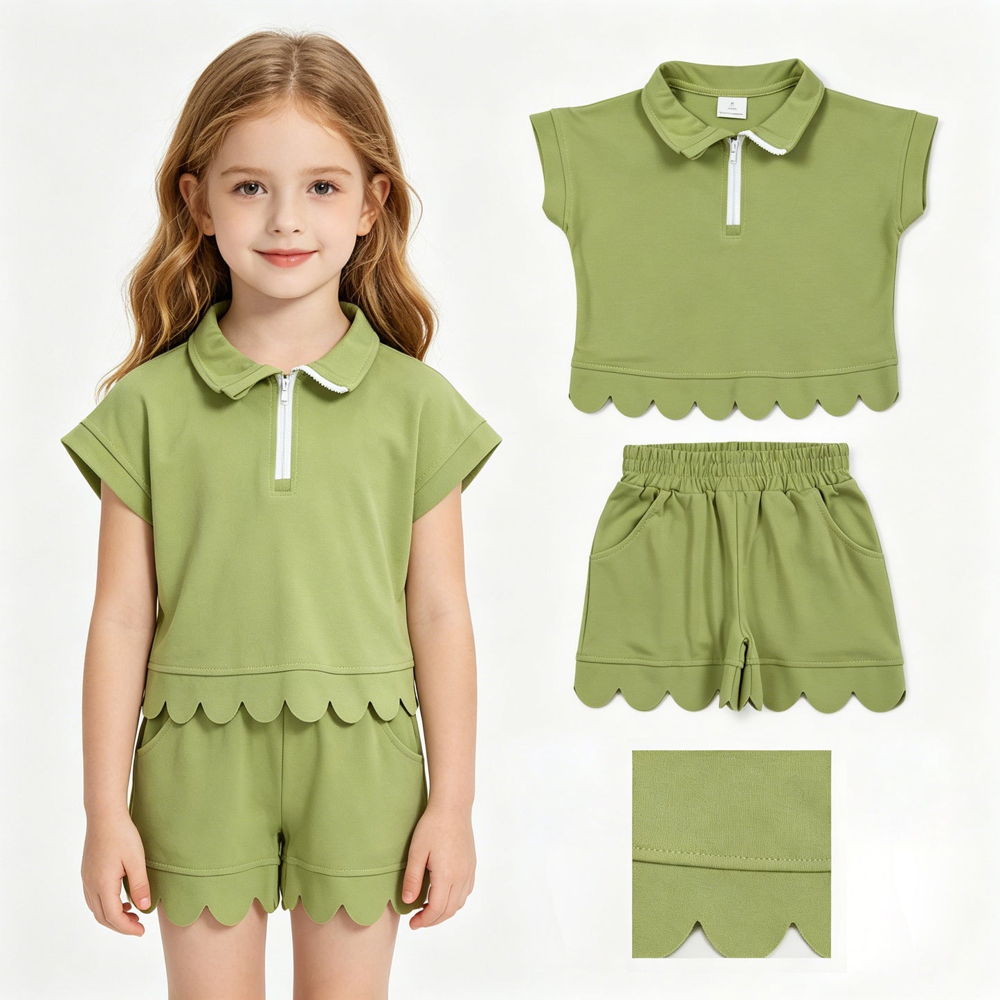 Baby Girls Green Zip Pullover Top Pockets Short Scallop Clothes Set
