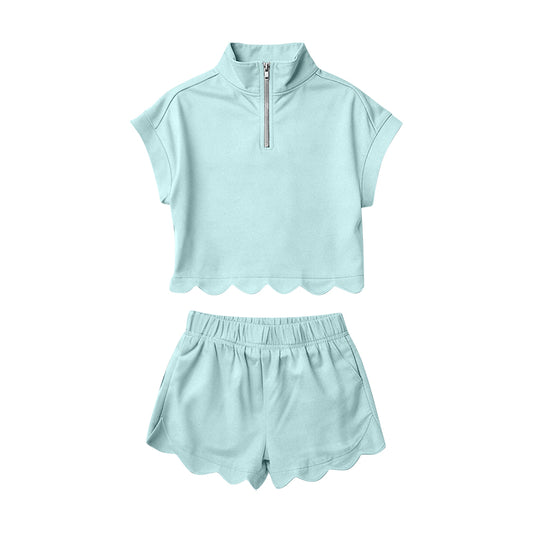 Baby Girls Blue Zipper Scallop Pullover Top Pockets Short Checked Set Preorder