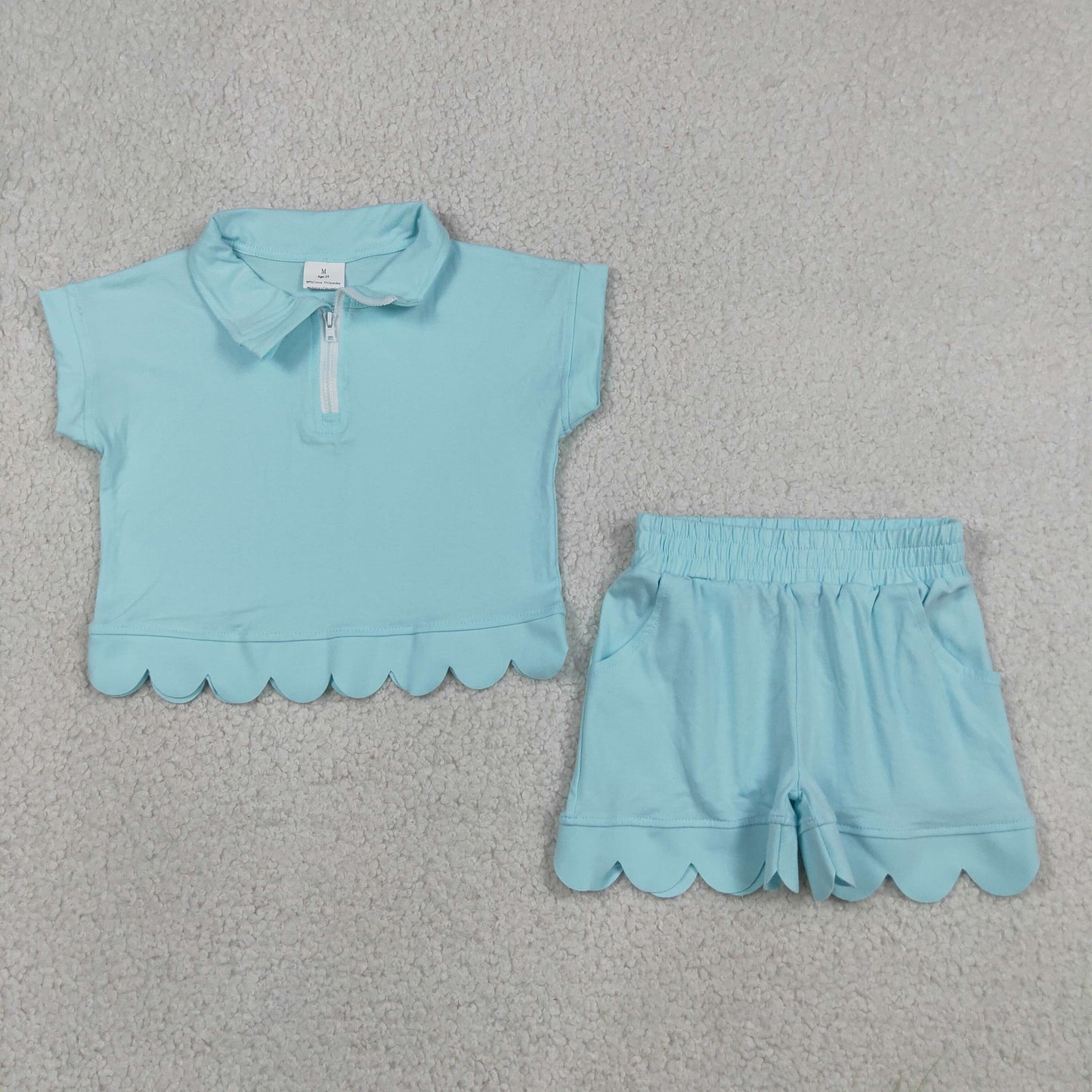 Sibling Baby Girls Short Sleeve Zip Pullovers Top Pockets Short Scallop Clothes Sets