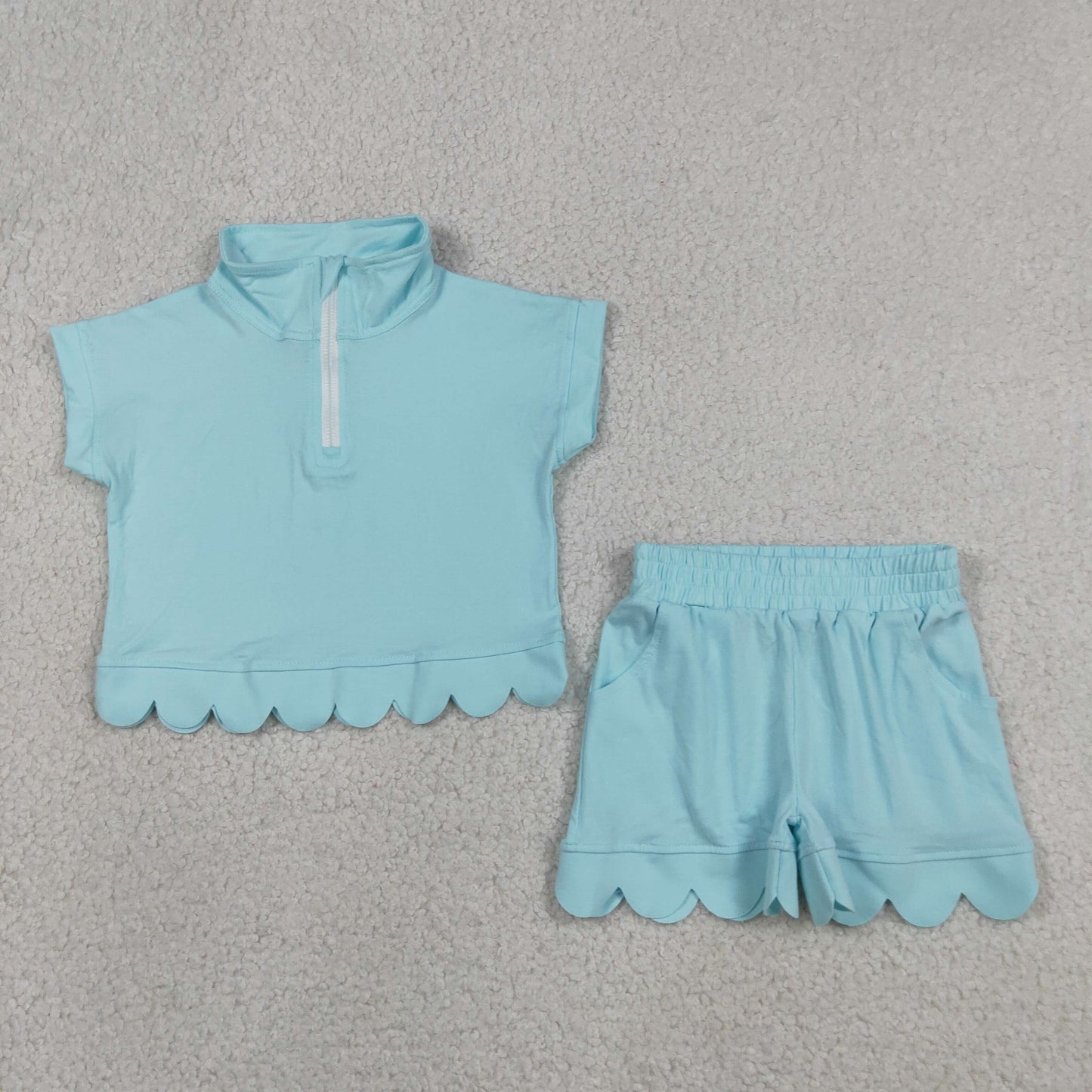 Baby Girls Blue Zip Pullover Top Pockets Short Scallop Clothes Set